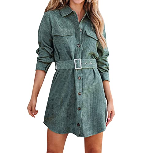 Blusenkleid Damen Corduroy Langarm Hemdkleid mit Gürtel, Minilänge Cordkleid mit Tasche und Knopfleiste Casual