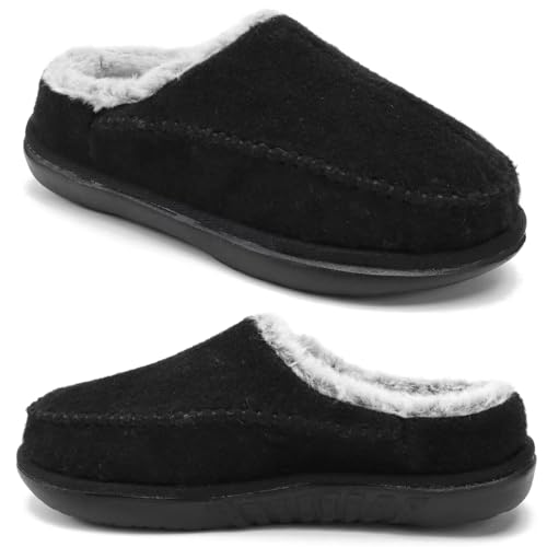 KuaiLu Womens Clog Slippers with Comfy Arch Support Orthotic Plantar Fasciitis Memory Foam Ladies Slippers for Women Winter Warm Fluff Slip on Felt Houes Shoes Hard Rubber Sole Black size 8.5