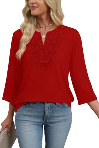 Image of WIHOLL 3 /4 Length Sleeve Womens Tops Boho V Neck Lace Shirt Trendy Blouses Dressy Casual Vacation Clothes S-3XL