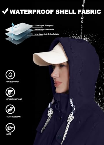 ATLASLAVA Regenjacke Damen Lang Wasserdicht Kapuze Regenmantel übergangsjacke Trenchcoat Outdoor Mantel Navy Blau M
