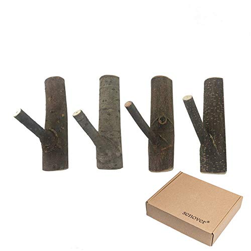 senover Vintage Decorative Wood Adhesive Hooks,Tree Branch Wall Hook Key Holer,Wooden Coat Hook Hat Hanger,4PCS (4cm)