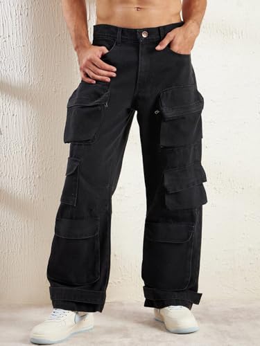 Image of FUGAZEE Black Super Baggy Cargo Denim Jeans for Men | 100% Cotton Non-Stretch Fabric | Oversized Fit | Cargo Pockets | Button & Zip Closure | Streetwear Utility Pants