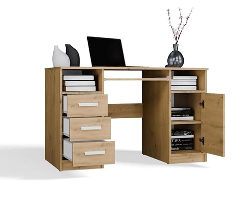 BDW Scrivania Delta con 3 cassetti e 1 armadio, 120 x 75 x 60 cm, ripiano per tastiera, Biruo, cameretta dei bambini, soggiorno (rovere Artisan)