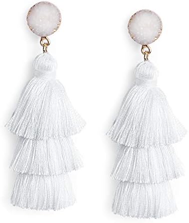 Me&Hz White Summer Tassel Earrings Dangle Drop for Women Girls Handmade Tiered Fringe Big White Earrings Stud Boho Beach Outfit Jewelry Birthday Valentines Mothers Gift