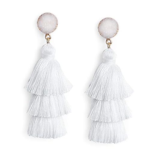 Me&Hz White Summer Tassel Earrings Dangle Drop for Women Girls Handmade Tiered Fringe Big White Earrings Stud Boho Beach Outfit Jewelry Birthday Valentines Mothers Gift
