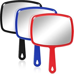 3 Pieces Hand Mirror Handheld Cosmetic Mirror with Handle, Makeup Hand Mirror Hairdressers Paddle Mirror Portable Vanity Mirror for Travel, Home and Salon Use (Red, Black, Blue, 9.17 x 6.53 Inch)