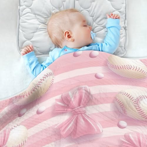 Image of Pink Ribbon Baseball(3) Baby Blanket Cotton Cozy Throw Blanket Warm Nursery Swaddle Receiving Toddler Blankets 30 inch x 40