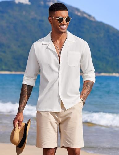 Image of DEELMO Mens Casual Button Down Shirt Summer Beach Shirts Long Sleeve Cuban Collared Tropical Textured Shirts