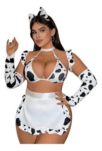 Image of GirlFriend Women's Plus Size 6 Piece Costume Sets Cow Print Cut Out Tie Back Lingerie Set Babydoll for Women Girl Black