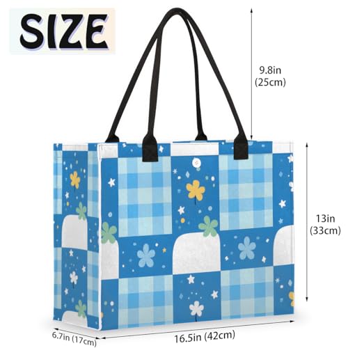 Blue Flowers Plaid Tote Bag for Women Large Beach Bag Reusable Tote Bags for Work Travel Beach Shopping2