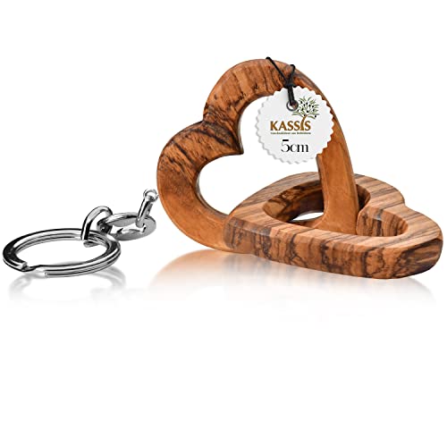 KASSIS - En bois d'olivier - Cœurs liés - Cadeau de mariage pour les jeunes mariés - Pour la Saint-Valentin, un anniversaire - Finitions de qualité supérieure - Plusieurs tailles (porte-clés, 5 cm) Cover