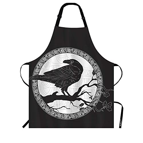Beabes Black Crow Chef Apron 27 X 31 Inch Black Crow On Tree Branch Scandinavian Runes Durable Non-Pilling Bib Aprons For Bbq Grilling Gardening With Adjustable Neck Strap #TOP25