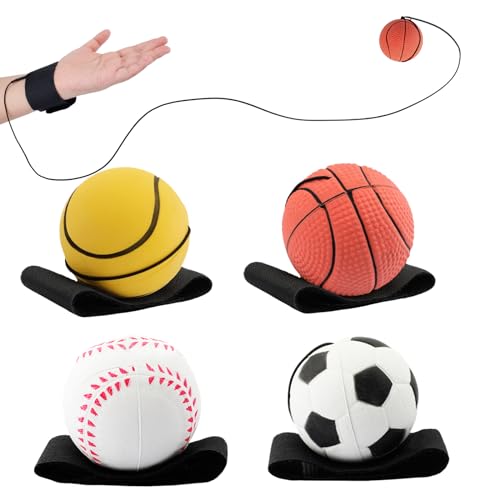 SAYAYA 4 PCS Wrist Return Ball on a String 2.36 Inches Rebound Sport Balls with Elastic Strap Baseball Soccer Tennis Practice Party Favors, Wrist Exercise and Fun Play for Kids & Adults
