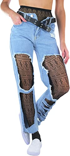 Image of ToBeInStyle Women's Single Floral Lace Fishnet Tights Footless & Stirrup Design