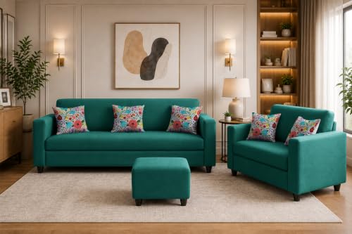 Image of Rosebell 3+2 Fabric Sofa Set with Ottoman | Premium Upholstery 5-Seater Sofa | with Printed Cushions | Living Room Furniture |Green-Color