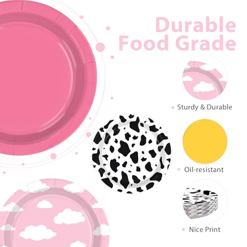 Image of 60Pcs Toy Paper Plates 7 inch Pink Yellow Cow Cloud Heavy Duty Paper Plates | Toy Cartoon Theme Disposable Dessert Cake Platters for Girls Baby Shower Birthday Party Supplies