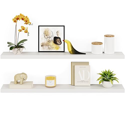 Ballucci Floating Shelves, 55" Wood Wall Shelf Set of 2, with Invisible Brackets for Bathroom, Living Room, Bedroom, Kitchen, Nursery, 6" Deep, White