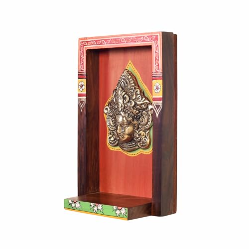 Image of AAKRITI ART CREATIONS Deva Wall Decor Orange Frame with Brass Sculpture of Vishnu Dev | Dhokra Art, Matte Finish | Wooden & Dhokra Wall Shelf Decor for Home