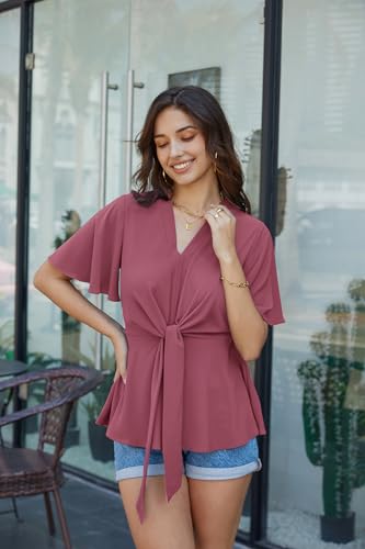 Image of GRACE KARIN Women's Elegant V-Neck Tie Waist Flowy Peplum Shirt Tops