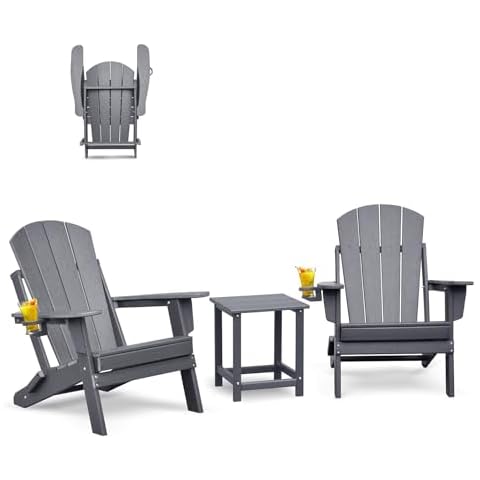 ATR ART TO REAL Folding Adirondack Chairs Set of 2 with Table, HDPE Weather Resistant Outdoor Firepit Chairs with Cup Holder, Patio Folding Chairs for Garden, Backyard,Deck, Fire Pit(Grey) Cover