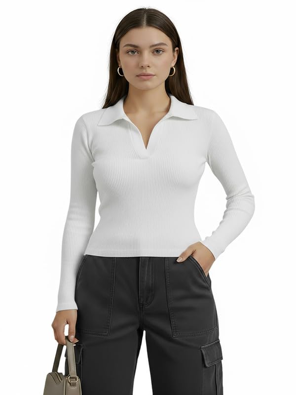 dream beauty fashion Women's Collared Neck Long Sleeve Slim Fit Casual Tee Top for Woman-picture-10