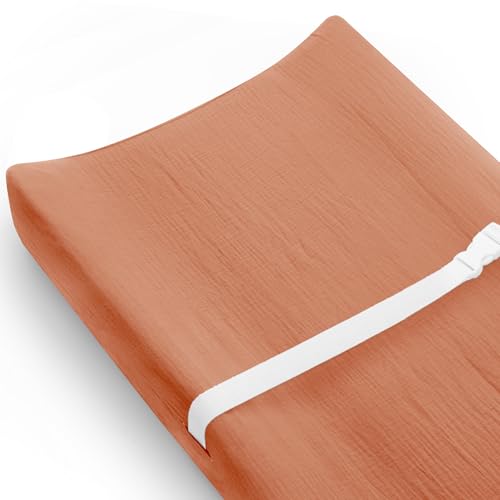 Image of Changing Pad Cover for Baby Girls Boys, Muslin Changing Table Pad Covers with Boho Style, Neutral Color Soft and Breathable (Brick)