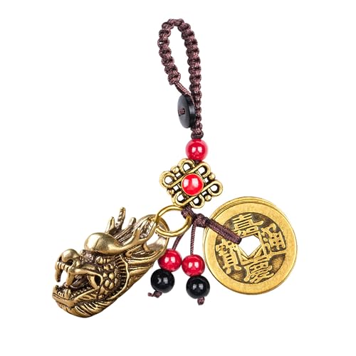 Mansiyuyee Brass Dragon Keychain with Feng Shui Coins, Head of