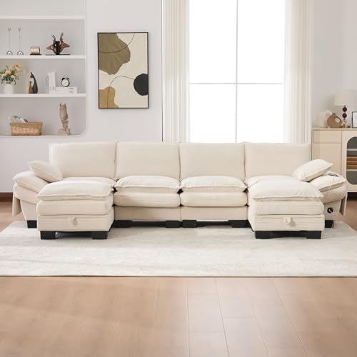 Sweiko Canapé modulable 4 Places en Velours côtelé avec 2 Repose-Pieds, au Design Ergonomique, Rembourrage en Mousse Haute densité, Port USB-C et Poches...