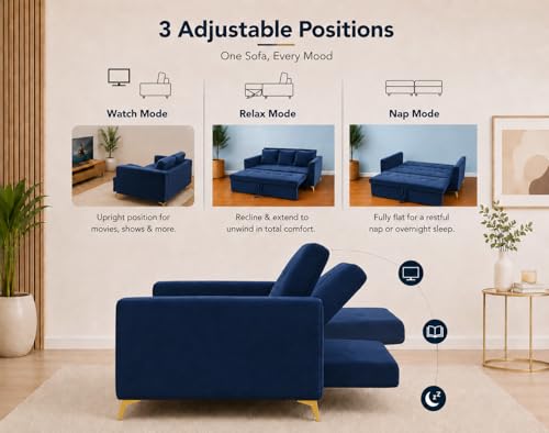 Image of Adorn India Premium Mystic - 3 Years Warranty - 3 Seater Sofa Cum Bed Velvet Suede Fabric - Blue