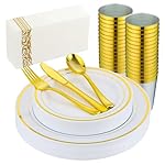175 PCS Gold Dinnerware Set for 25 Guests, Gold Rimmed White Heavy Duty Plastic Disposable Plates for Party Wedding with 25 Dinner Plates,Dessert Plates, Silverware Set, Cups, Napkins