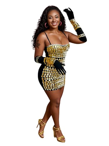 Image of Figdaw Sparkle Rhinestone Bodycon Mini Dress Short Sequin Birthday Dresses for Women Sexy Cocktail Party,Club Night Out(Gold,L,C6888)