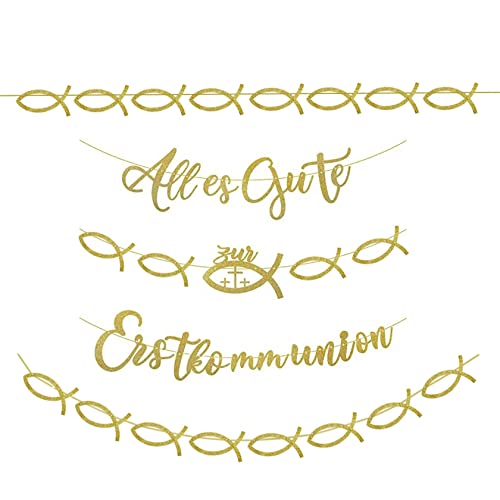 Alles Gute zur Konfirmation Girlande Dekoration 2 STK Fisch Girlande Glitzernd Papier Erste Heilige Kommunion Girlande Erstkommunion Deko Banner Papier Taufe Mädchen Junge Deko Kommunion Party (Gold) Cover