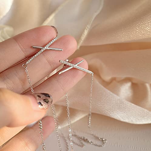X Stud Earrings with Chain Sterling Silver Dangle Earrings Long Chain for Women Teen Girls (Silver) - Thumbnail 5