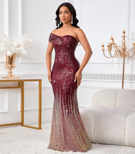 Image of Cololura Women Sexy Sequin One Shoulder Mermaid Formal Party Cocktail Gowns Bodycon Evening Maxi Dress