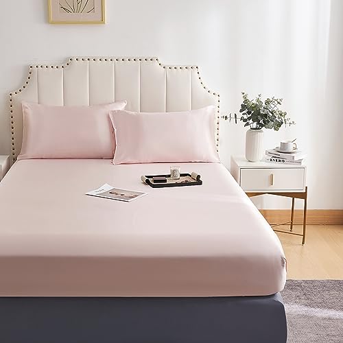 DuShow Fitted Sheet Super King-Deep Pocket Satin Silky Bed Sheet,Breathable Soft and Comfortable-Wrinkle,Fade,Satin and Abrasion Resistant(Super King,Blush Pink)