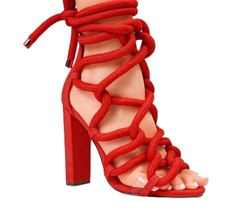 Liliana Women Chunky heel rope lace up high heel sandals Shaya-01 Lil Red 10