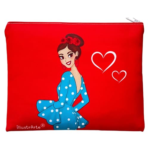 Neceser Granada Flamenca “Paquita” – Diseño a Doble Cara – Fondo Rojo – 22x17 cm – Impermeable – Bolso de Aseo Mujer o Viaje