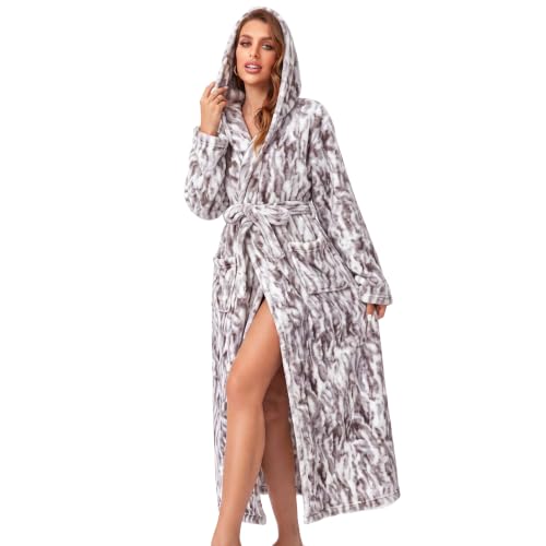 Image of RONGTAI Womens Robes Plush Fleece Hooded Bathrobe Thick Nightgown with Pockets Fluffy Sleepwear