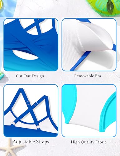 Image of Girl Swimsuit One Piece Cutout Ruched Bathing Suit for Girls Color Block Adjustable Straps Pad Swimwear 9-18y