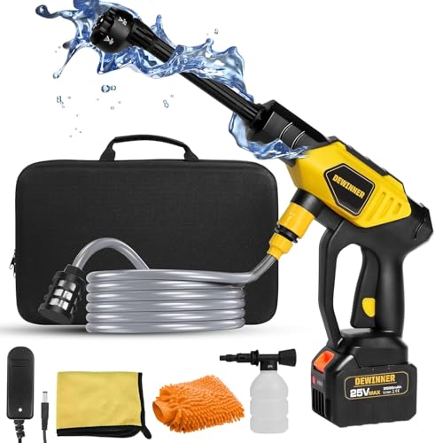 DEWINNER Nettoyeur Haute Pression à Batterie 25V, Pistolet de Nettoyage Haute Pression Portable avec Buse Multi-Fonctions 6-en-1, Max 610 PSI avec 3000mAh Batterie, pour Lavage et Voiture, Arrosage