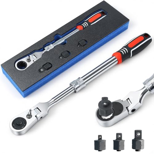 Wakuka Extendable Ratchet Wrench Set 72-Tooth Long Socket Wrench Ratchet with 1/4 3/8 1/2 Socket Drive Adapat 180 Flex-Head Ratcheting Set with Soft Grip Handle for Men Mechanic Hand Tools