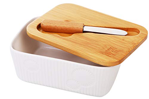 Aisiming Butter Dish, Porcelain Butter Container, Covered Butter Container With Wooden Lid For Countertop (With Knife) #TOP5