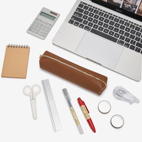 Image of Faux Leather Color Pencil Case Multifuncional and Simple with Zipper for School (Yellow Brown)