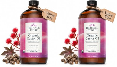 Image of HERITAGE STORE Organic Castor Oil - 32oz Glass Bottle - Nourishing Treatment for Hair and Skin Care - Eyelash Serum for Eyelashes and Brows - Cold Pressed, Hexane Free, Vegan - 32oz (Pack of 2)