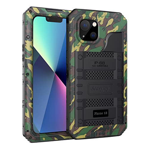 Beasyjoy for iPhone 13 Case Waterproof, Metal Phone Case with Built-in Screen Protector, Heavy Duty Full Body Protective Military Grade Shockproof Rugged Defender Cover 6.1 Inch, Camo