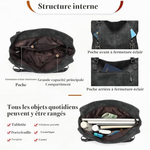 VINBAGGE Sac à Main Femme en Cuir Végétalien, Grand Sac Cabas Bandoulière – vue 3