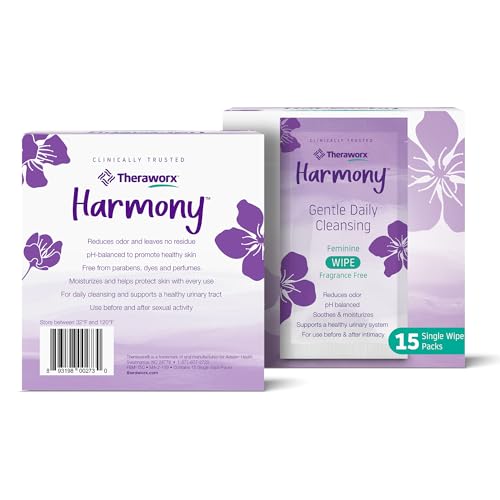 Image of Theraworx Harmony Gentle Daily Cleansing Feminine Wipes Fragrance Free, Reduces Odor, Individually Wrapped, Travel Size - 15 Count (Pack of 8)