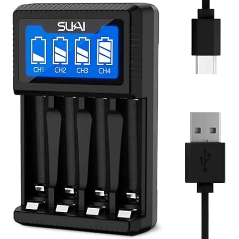 SUKAI 4 Bay AA AAA Battery Charger, USB High-Speed Charging, Independent Slot, for Ni-MH Ni-CD Rechargeable AA AAA Batteries, No Adapter Cover