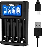 SUKAI Smart LCD Battery Charger for AA/AAA Ni-MH/Ni-Cd - 4-Slot USB Fast Charger with LCD Display, Independent Charging Ports & Auto-Safety Protection