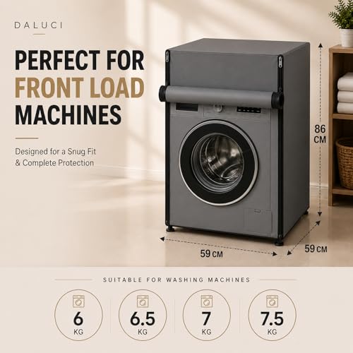 Image of DALUCI Washing Machine Cover Front Load for 6 Kg, 6.5 Kg, 7 Kg & 7.5 Kg Fully Automatic Machines | Waterproof Dustproof Polyester Protective Cover with Zipper (Grey, 59X59X86 CM)